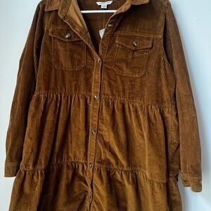 American Eagle Caramel Tan
Corduroy Babydoll Button Up Shirt Dress 100% Cotton